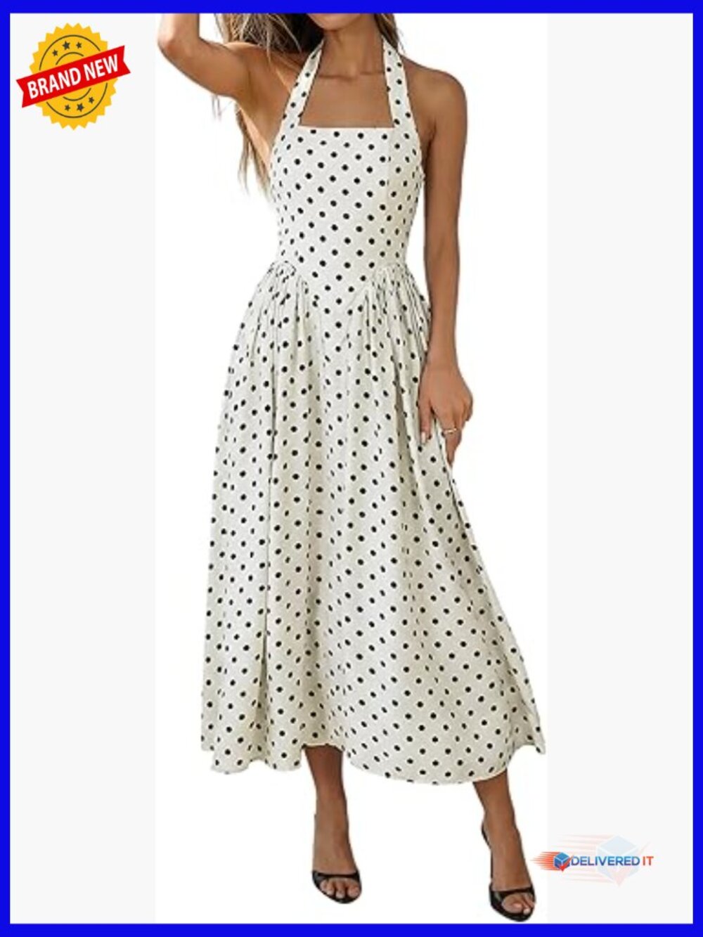 Women's Retro Polka Dot Halter Cocktail Dress with Pockets